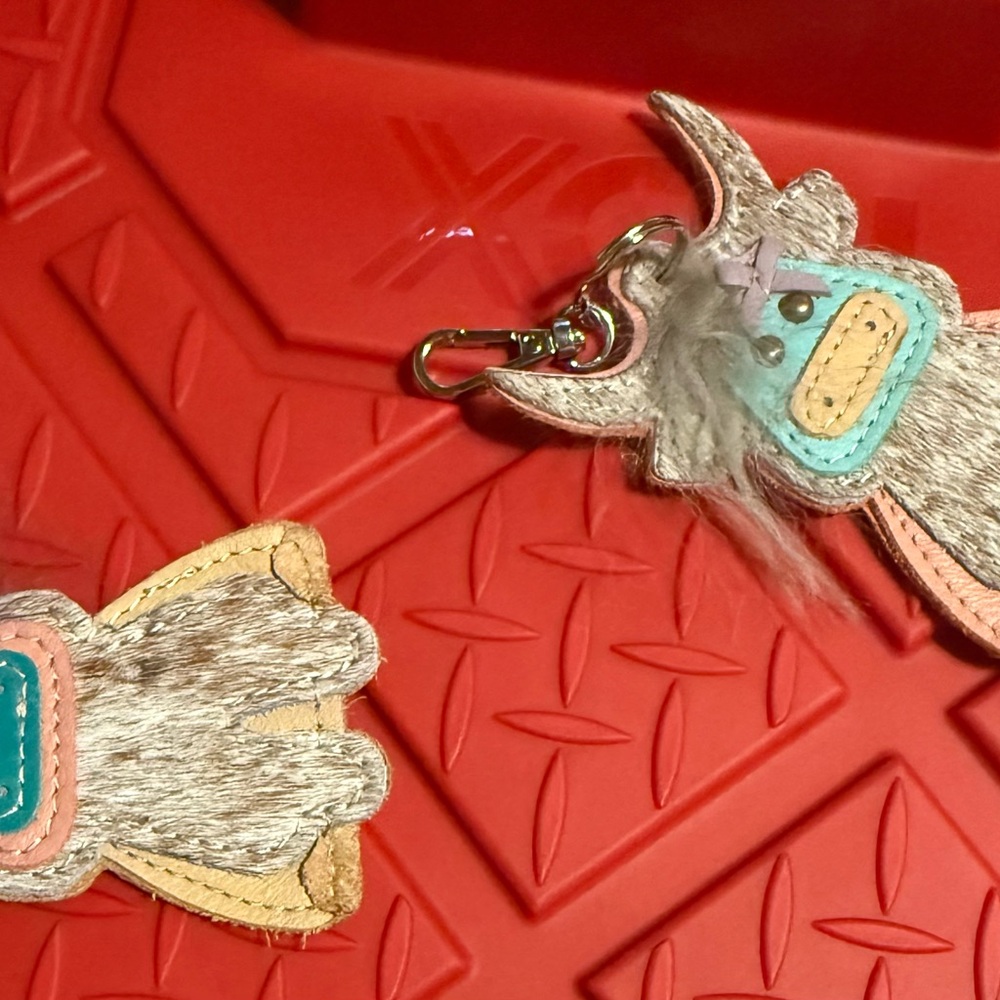 Leather Haircalf Tassel Keychain with Turquoise and Pink Accents